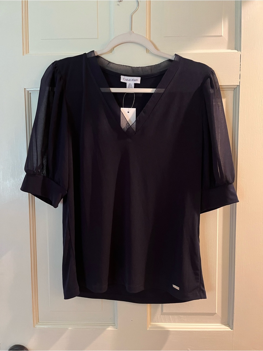 Calvin Klein Sheer Puff Sleeve V-Neck Top in Navy